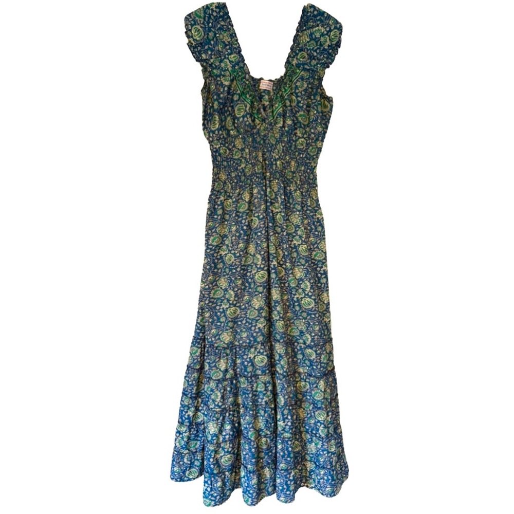 Blue and Green Ruched Smocked Maxi Sundress